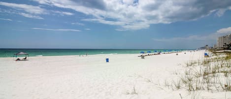 Une plage avec un ciel dégagé, un rivage sablonneux et quelques parasols de plage.