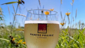 Een hand die een glas wijn vasthoudt, met het etiket 'Painted Prairie Vineyard', voor een natuurlijke achtergrond.