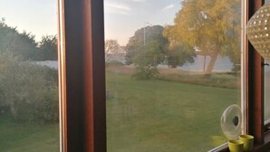 A window with a view of a grassy area and trees.