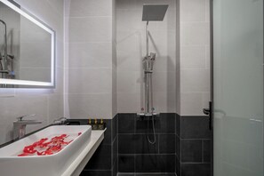 Habitación doble Deluxe | Baño | Secadora de cabello, toallas, jabón, shampoo 