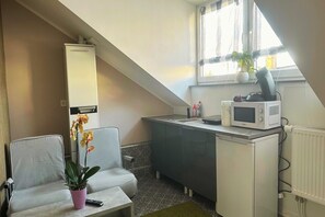 Jääkaappi, mikroaaltouuni, liesi, kahvin-/teenkeitin
