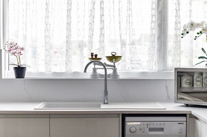 Una cocina con un lavamanos, una ventana con cortinas traslúcidas, una orquídea en maceta y un microondas.