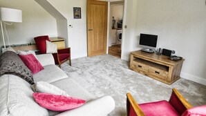 Un salon avec un canapé gris, des coussins rouges et blancs, un fauteuil rouge, un meuble TV en bois et, au fond, un lave-linge.