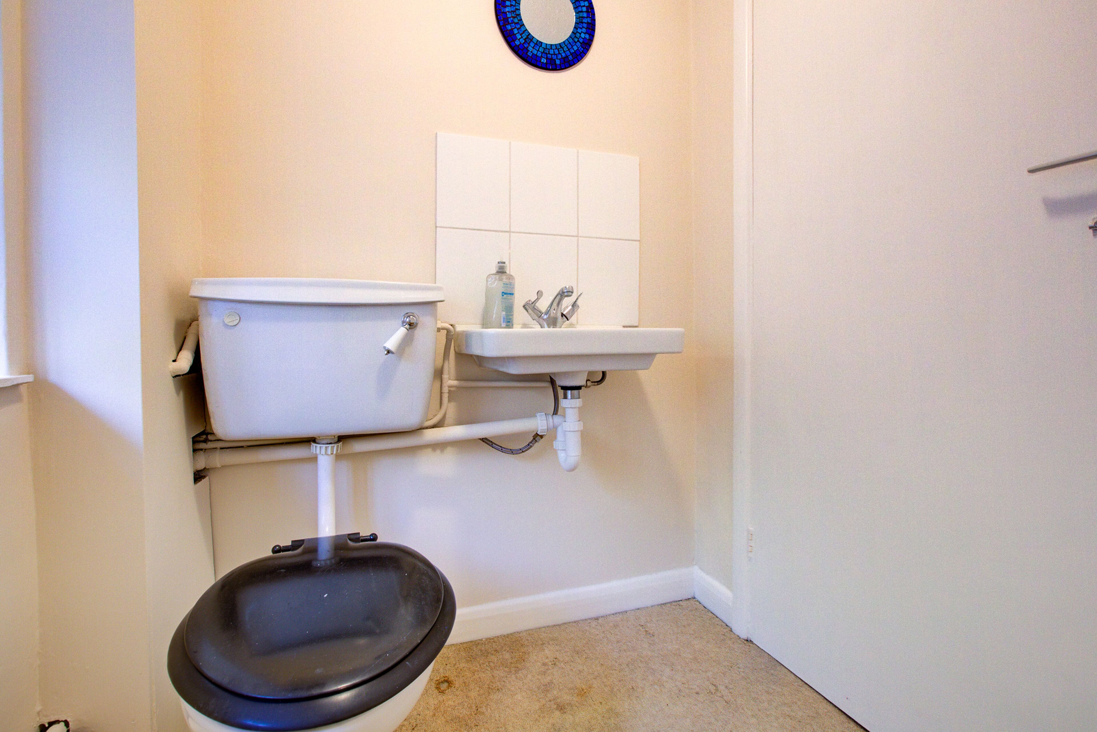 A bathroom with a toilet, sink, and a blue decorative item on the wall.