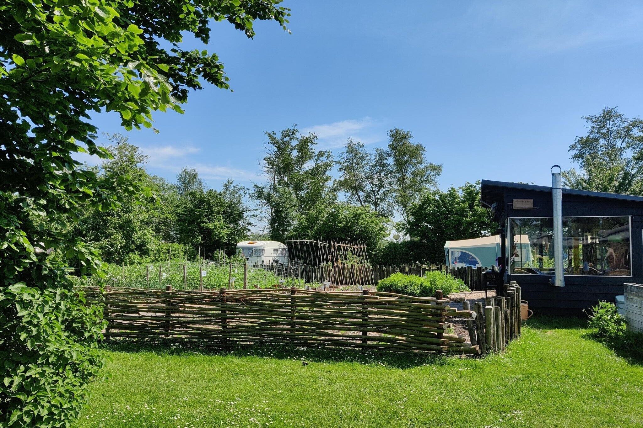 Un jardín con cerca de madera, una pequeña construcción y cielo azul despejado.