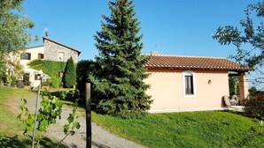 A house with a tiled roof, a stone wall, and a large evergreen tree in front.