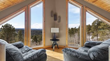 A room with a high ceiling, large windows, and a view of a forest. There is a black leather sofa and a small table with a lamp.