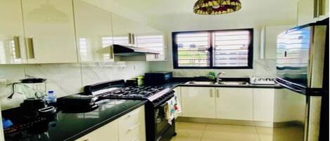 Fridge, oven, stovetop, coffee/tea maker