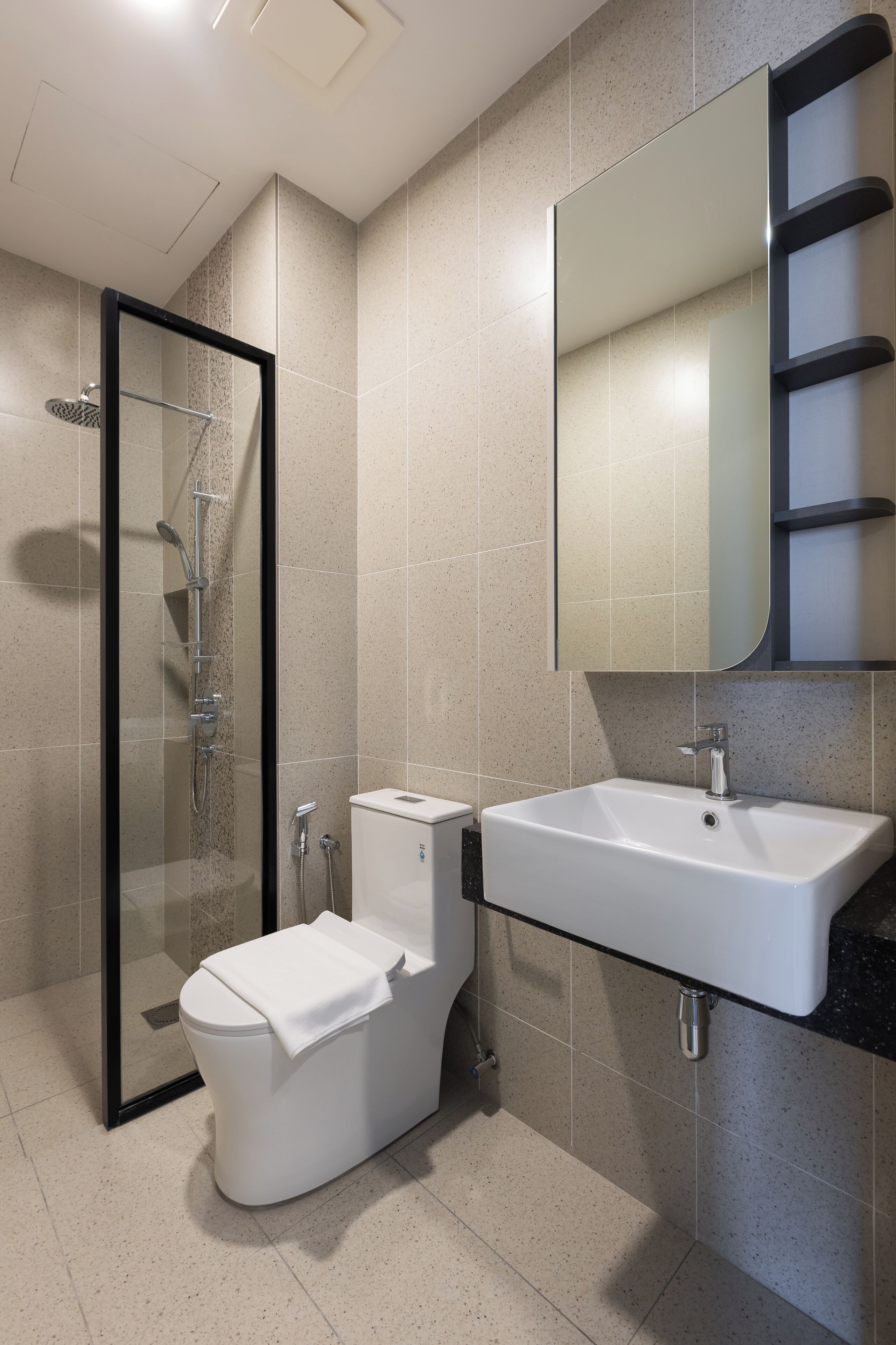 Un baño moderno con ducha de vidrio, inodoro blanco y lavamanos blanco sobre encimera negra.