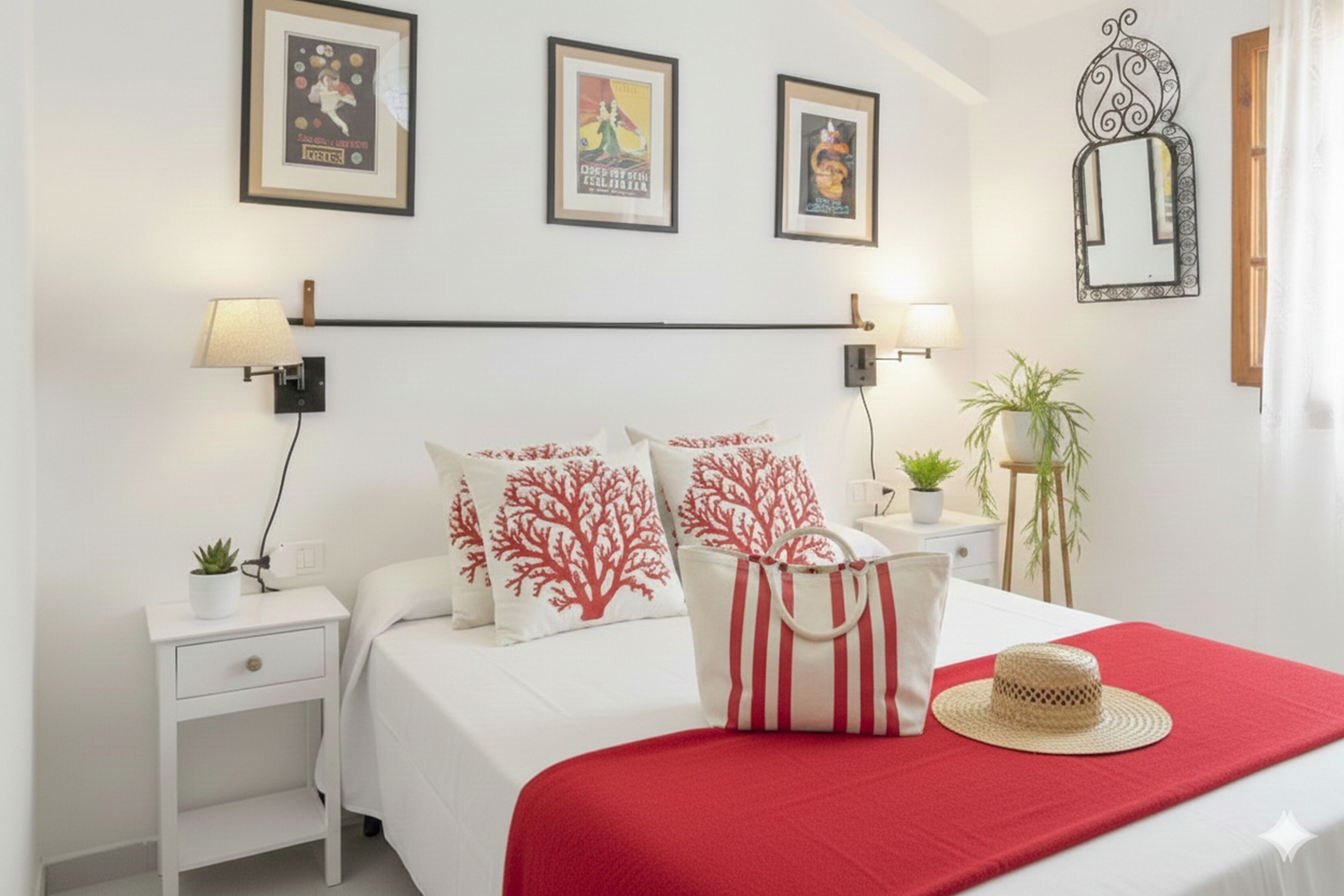 A neatly arranged hotel room with a bed, two bedside tables, a red throw blanket, and wall-mounted lamps.
