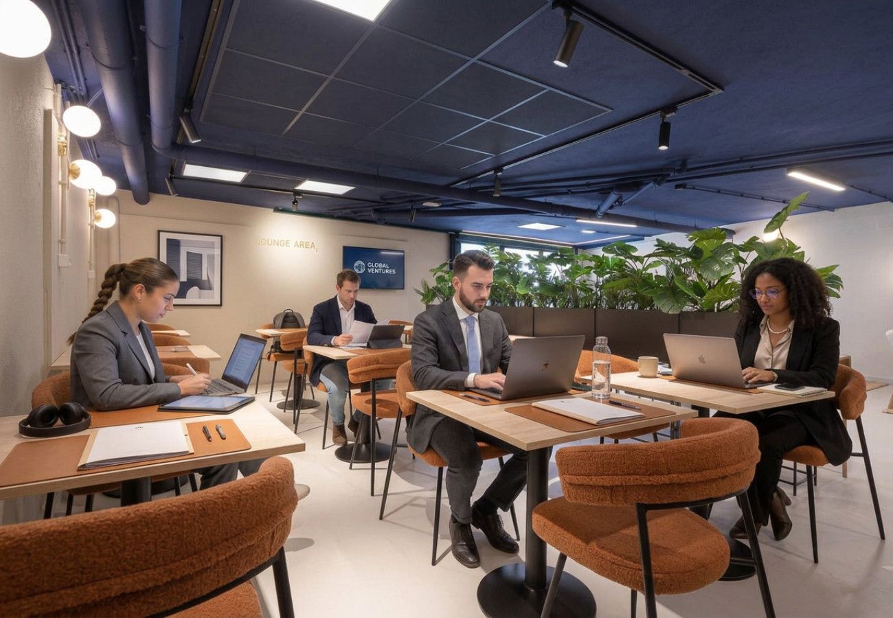 Una sala de conferencias moderna con mesas redondas, sillas e individuos trabajando en portátiles.