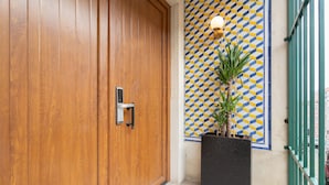 Una puerta de madera con un picaporte de metal y cerradura, una pared de azulejos con un diseño geométrico, y una planta en maceta negra.