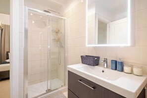 Shower, hair dryer, towels