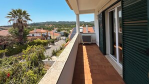 A balcony with a view of a residential area, a palm tree, and a solar panel.