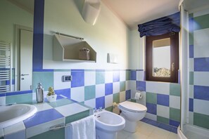 Shower, jetted tub, hair dryer, bidet