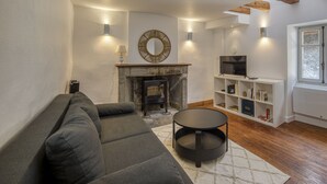 A living room with a sofa, a fireplace, a TV, and a bookshelf. - Welcome to Les Volets Azur, a lovely fully renovated village house, ideal for a romantic getaway in the heart of Menthon-Saint-Bernard. Nestled between lake and mountains, this cozy home offers a peaceful and warm atmosphere. (Menthon-Saint-Bernard)