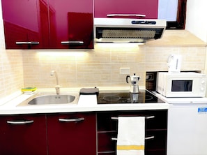 Studio phong cách cổ điển | Bếp riêng | Tủ lạnh, bếp nấu, dụng cụ nấu nướng/bát dĩa/dao nĩa