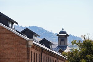 Un edificio con fachada de ladrillo, ventanas dormer y un campanario.