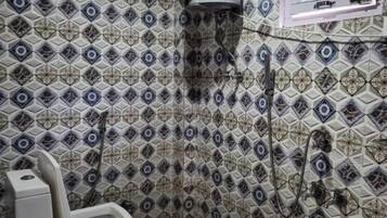 Shower, slippers, towels, soap