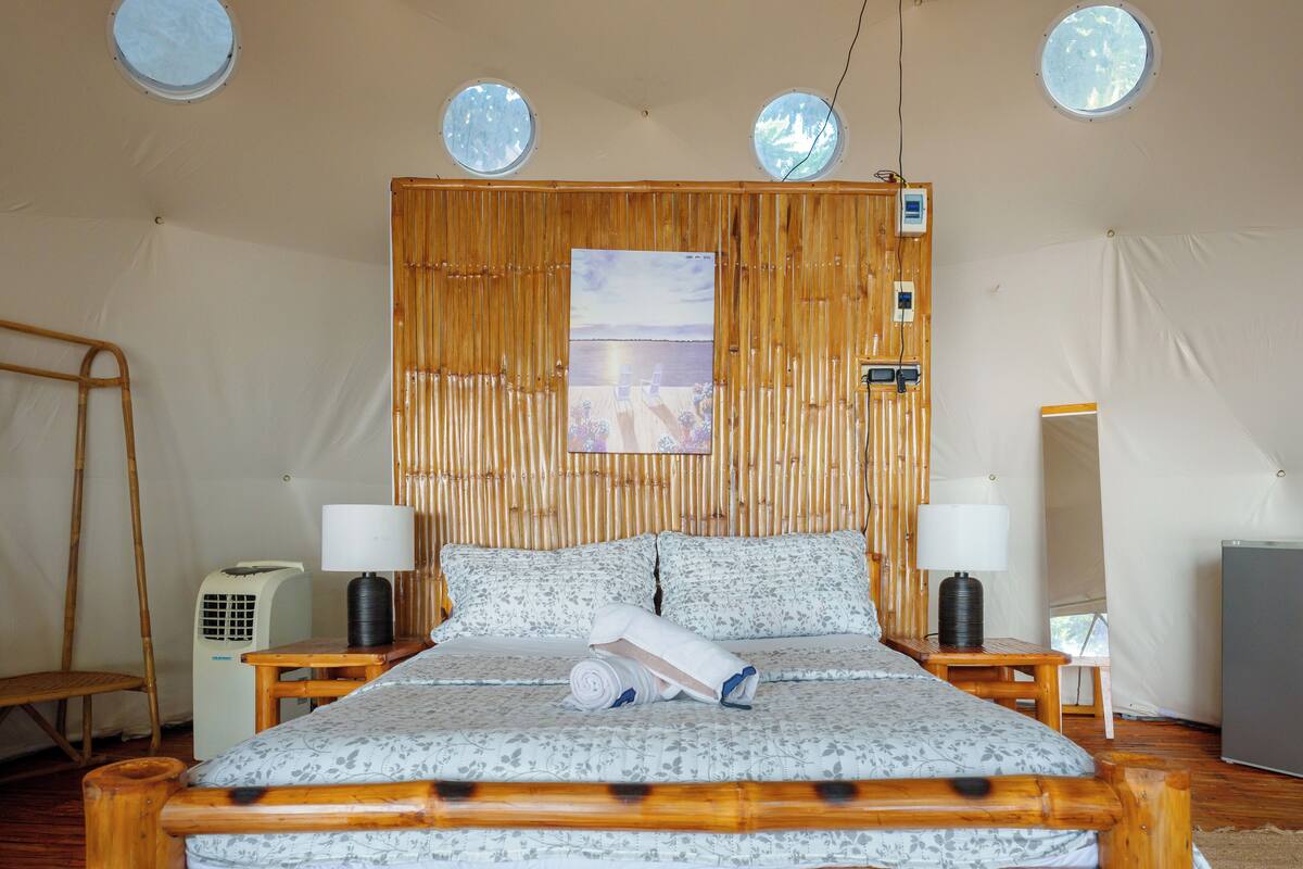 Une chambre avec un lit, deux tables de chevet, un téléviseur fixé au mur et une fenêtre.