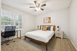 1 bedroom, desk, iron/ironing board, travel cot
