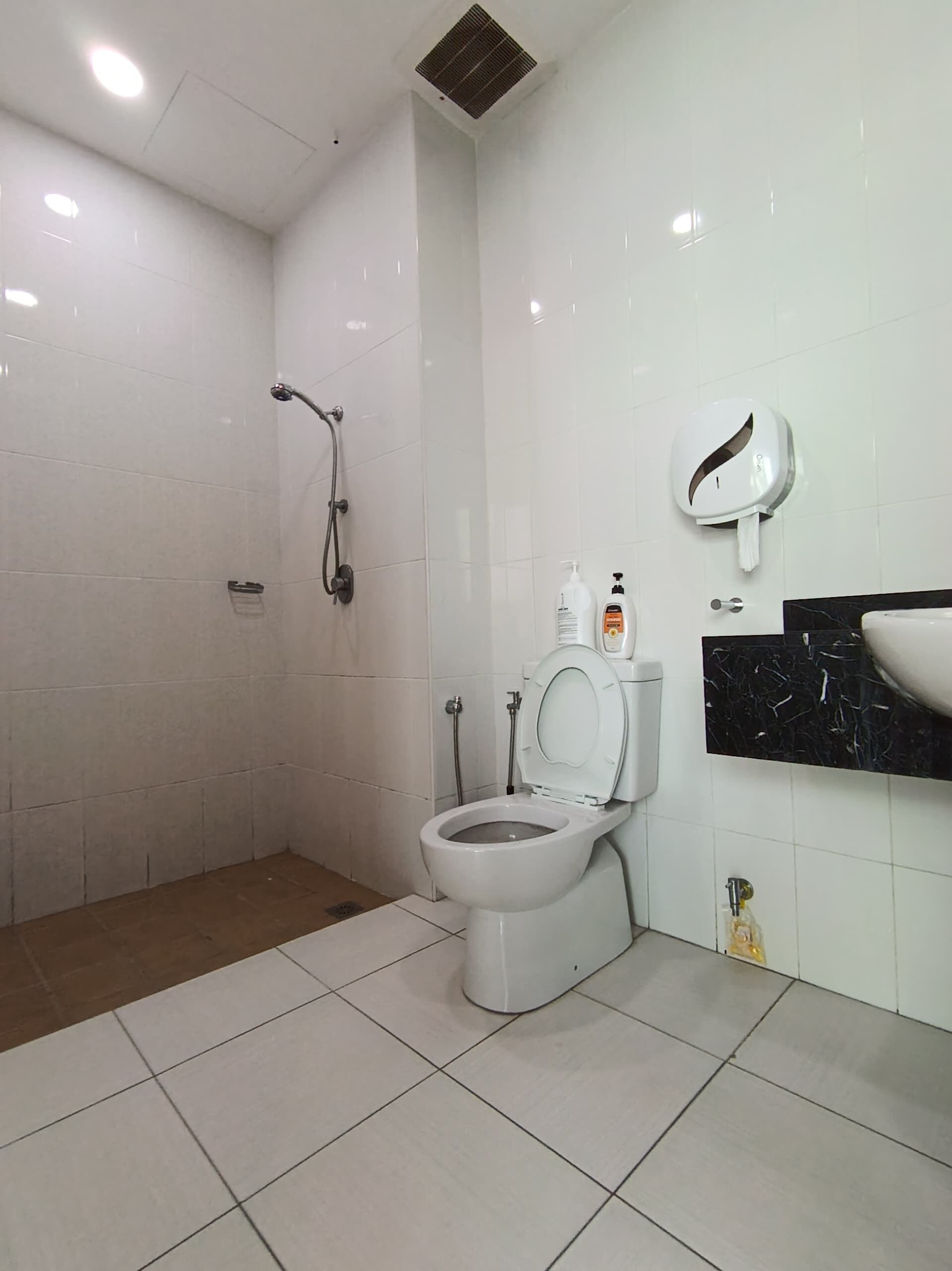 A modern bathroom with a shower, toilet, and sink.