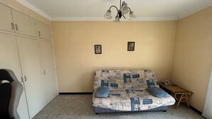 A room with a sofa, a chair, a small table, a ceiling light, and a wardrobe.