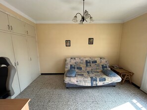 Een kamer met een bank, een stoel, een tafeltje, een plafondlamp en een kledingkast.