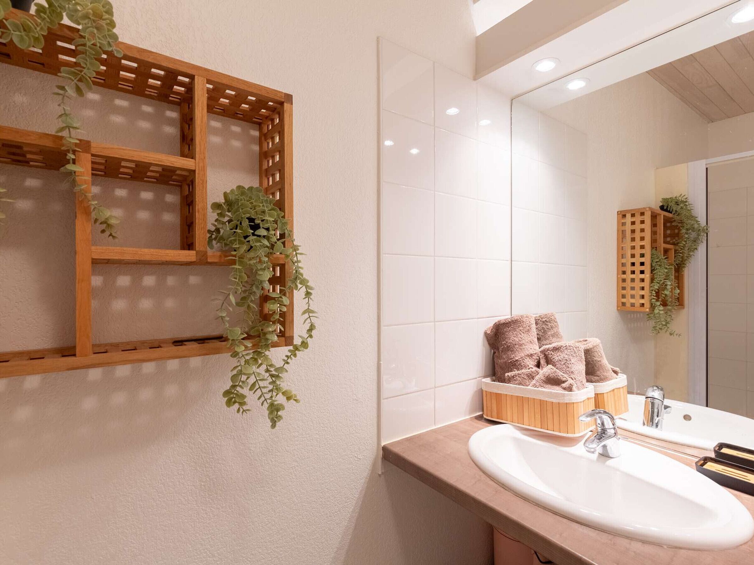 Une salle de bain avec une étagère en bois où sont posées des plantes, un lavabo avec un miroir et des serviettes.