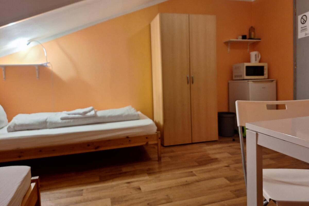 Une pièce avec un plancher en bois, un lit, une armoire, un four à micro-ondes et une table.