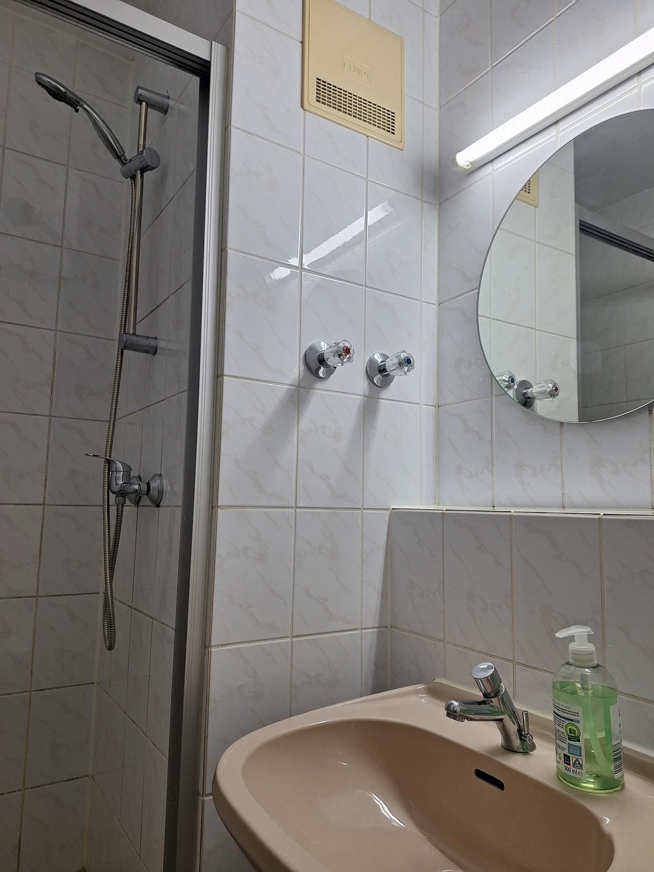 Une salle de bain équipée d’une douche, d’un lavabo, d’un miroir et d’un distributeur de savon liquide.