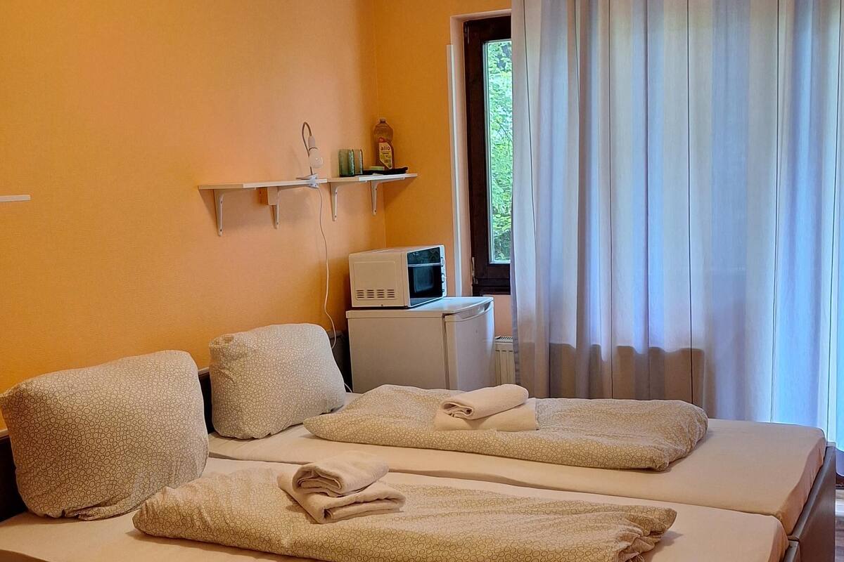Une chambre d’hôtel avec deux lits, un four à micro-ondes, un petit réfrigérateur et une fenêtre avec des rideaux.