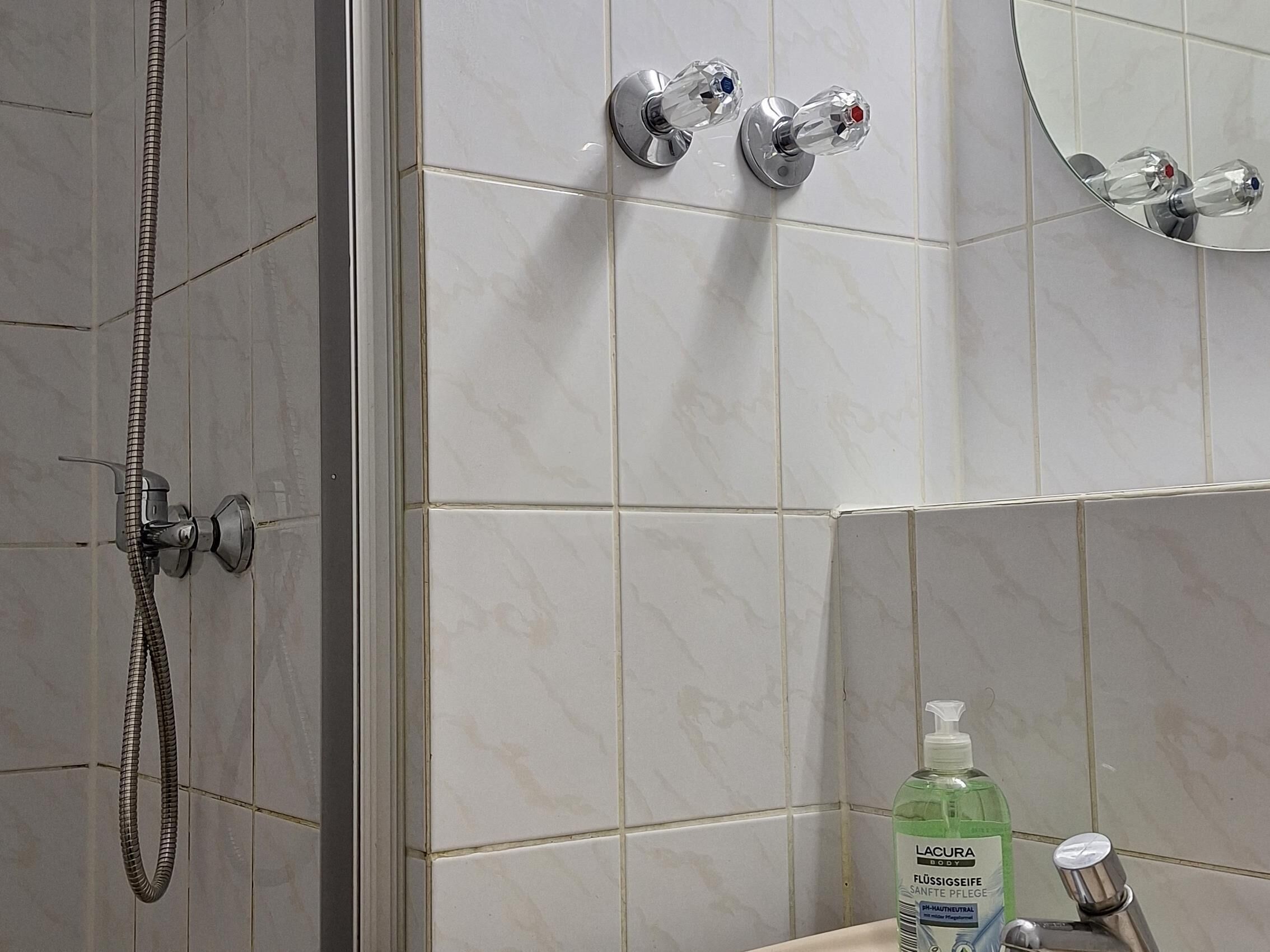 Ein Badezimmer mit Dusche, zwei Wasserhähnen und einer Flasche LACURA Duschseife.