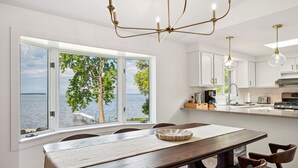 A modern kitchen with white cabinets, a large island, and a view of the water.