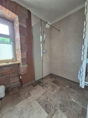 Hair dryer, towels, soap, toilet paper