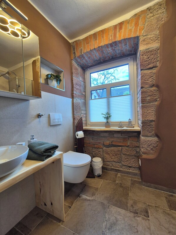 Hair dryer, towels, soap, toilet paper