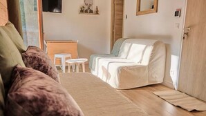 Une pièce confortable avec un canapé, un fauteuil, une petite table et un meuble.