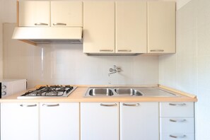 Fridge, microwave, stovetop, cookware/dishes/utensils