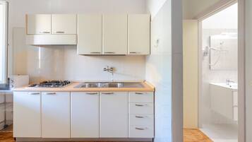 Kühlschrank, Mikrowelle, Herdplatte, Kochgeschirr/Geschirr/Besteck