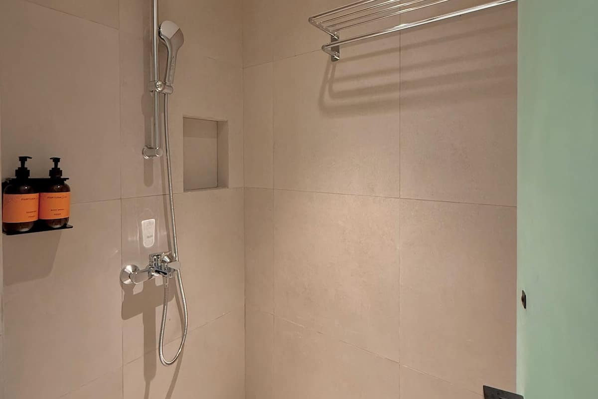 Hair dryer, slippers, towels, soap