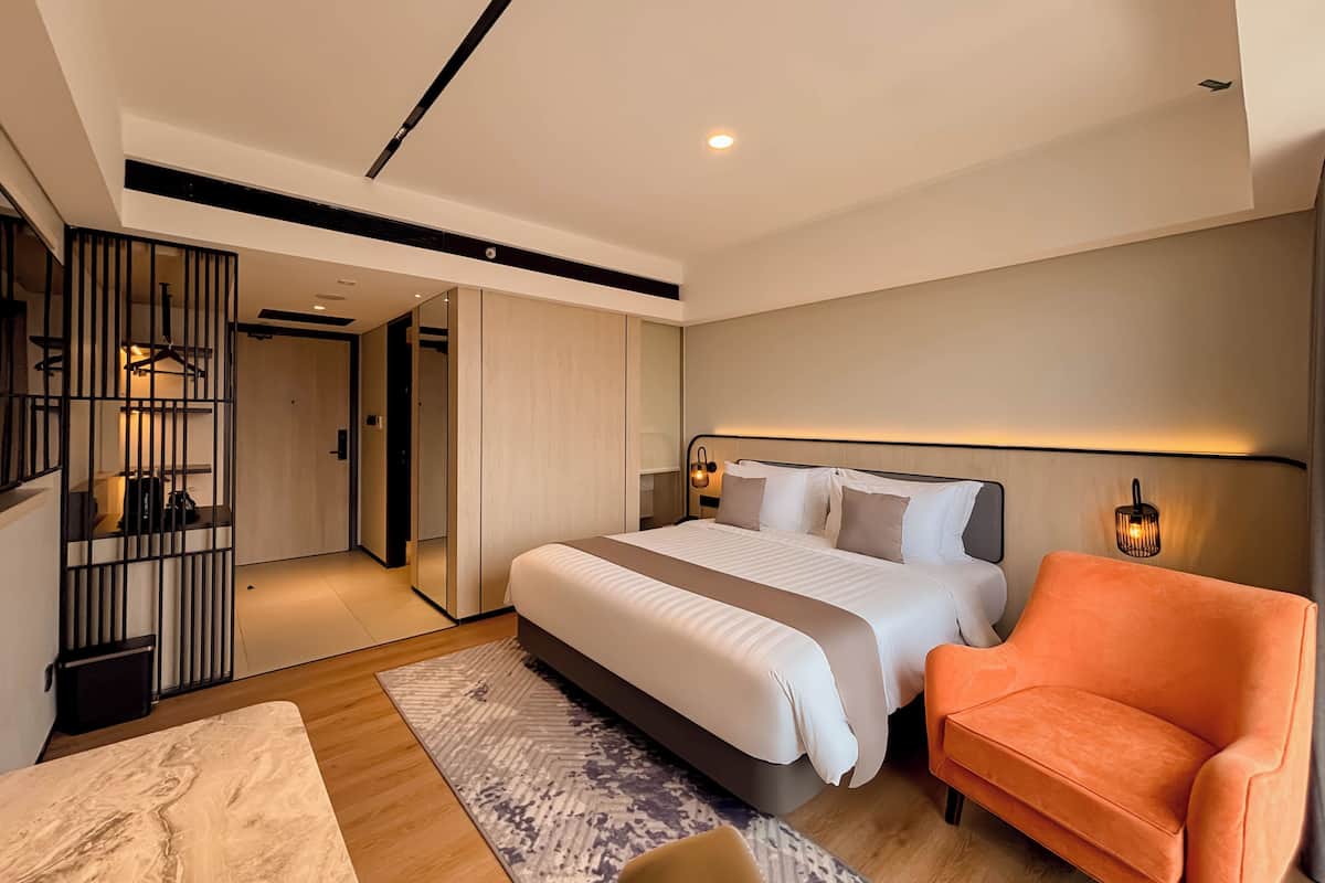 Una habitación de hotel moderna con una cama grande, una zona de estar y un vestidor.