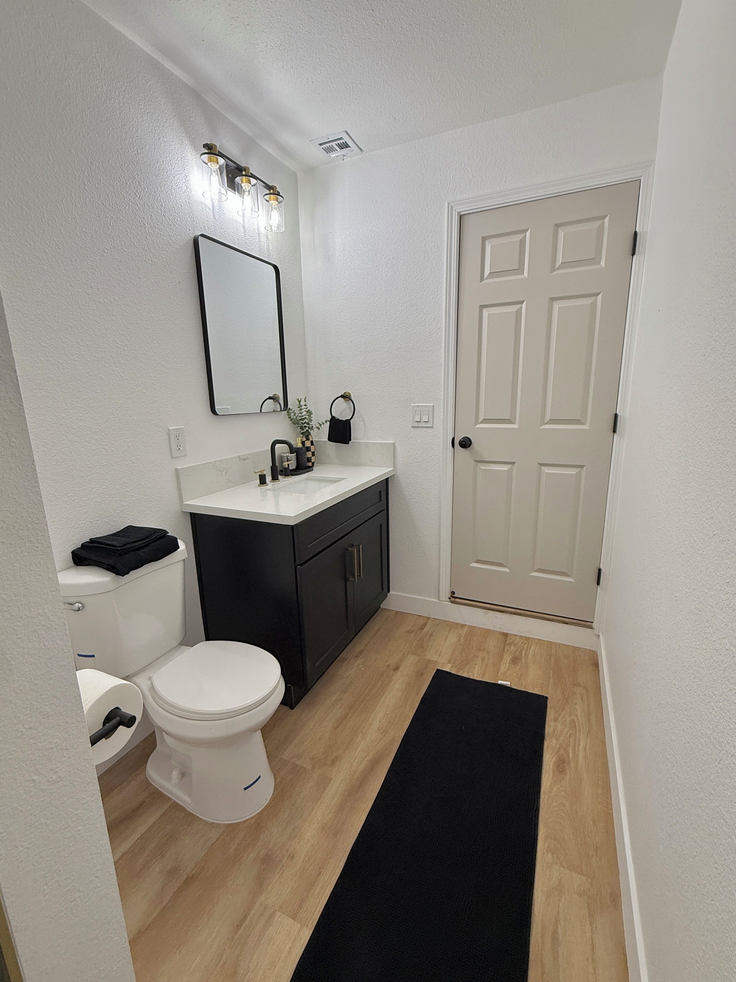 Hair dryer, towels, soap, toilet paper