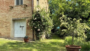 A brick building with a white door, a garden with potted plants, and a tree with white flowers.
