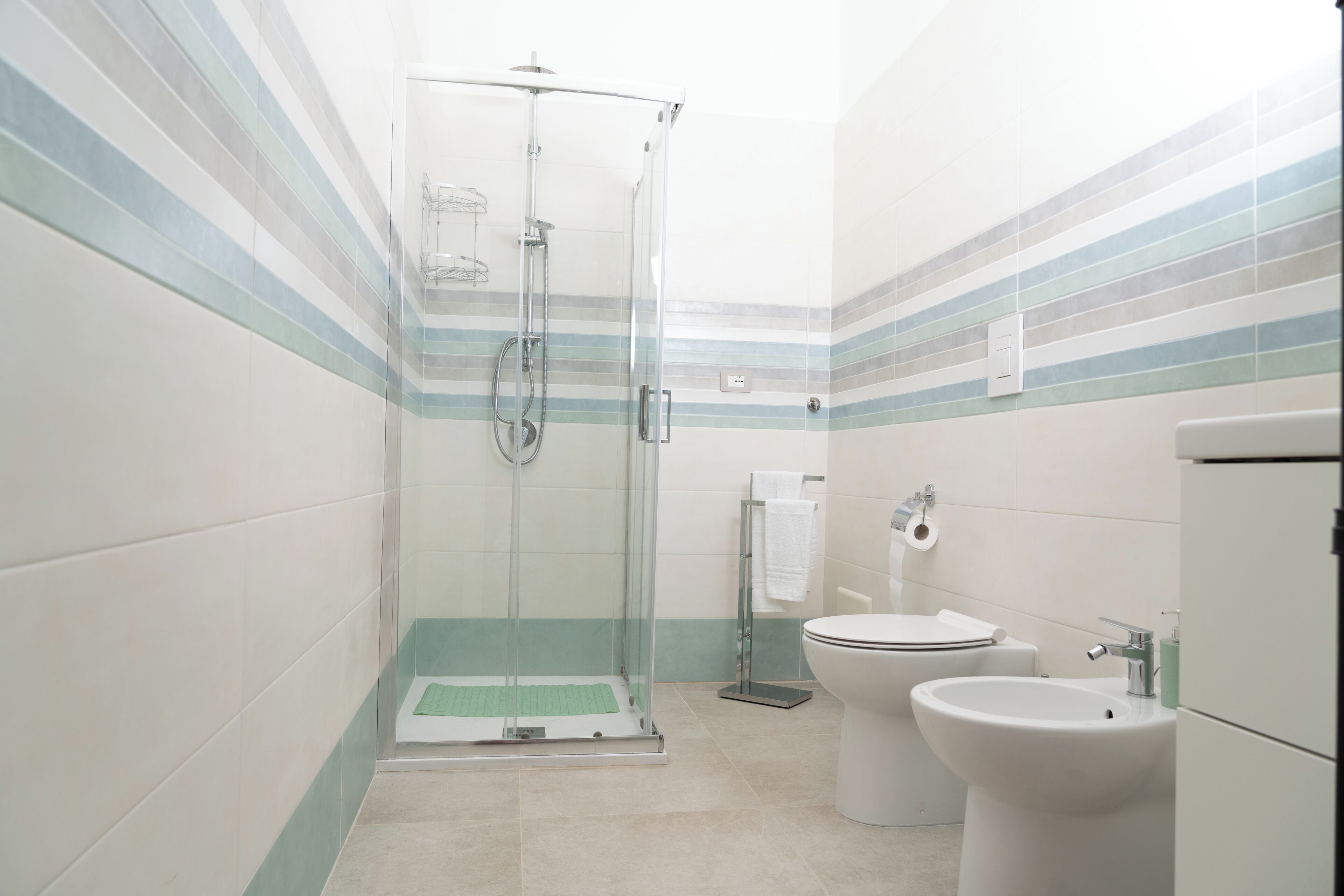 Een douche, een haardroger, een bidet, handdoeken