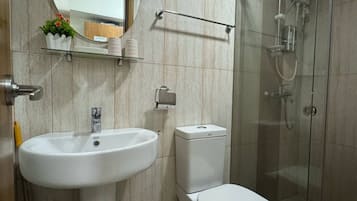 Shower, hair dryer, towels, toilet paper