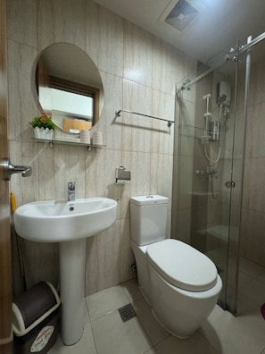 Douche, sèche-cheveux, serviettes fournies, papier toilette