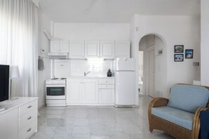 Fridge, oven, toaster, cookware/dishes/utensils
