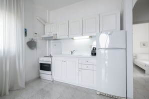 Fridge, oven, toaster, cookware/dishes/utensils