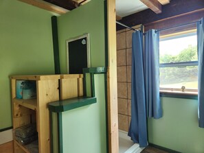 Shower, towels, soap, toilet paper