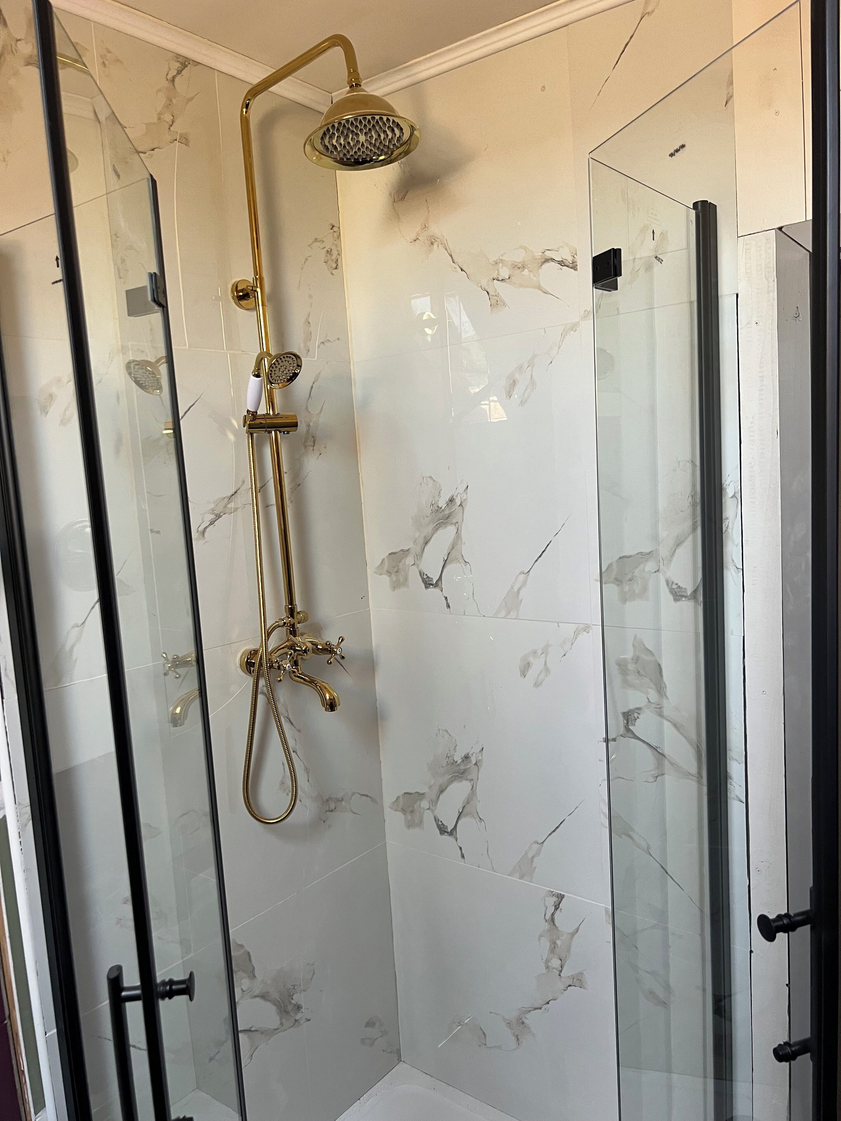 Shower, hair dryer, soap, toilet paper